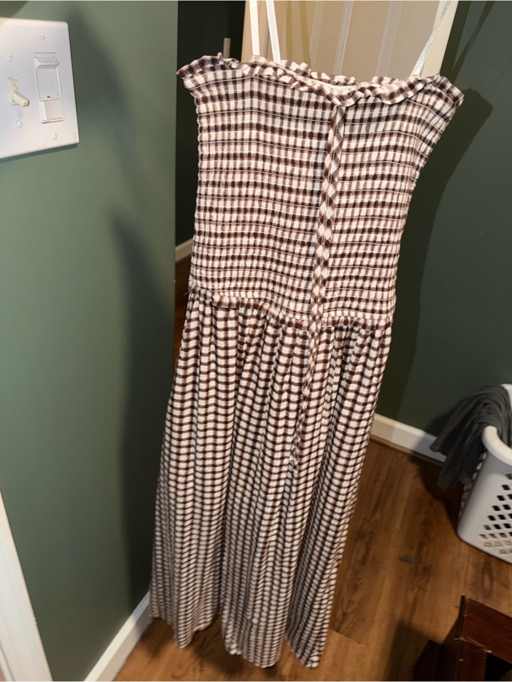 T.J.Maxx Brown and White Gingham Smocked Maxi Dress